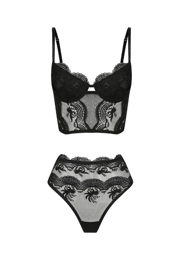 Carmen Bustier High Waist Set Black Underwire - Kat the Label Lingerie Australia