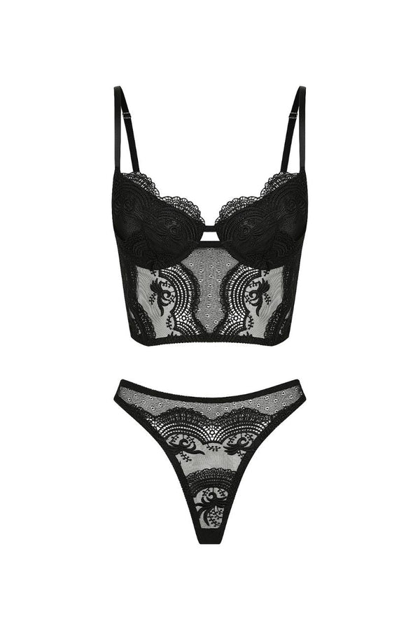 Carmen Bustier Thong Set Black Underwire - Kat the Label Lingerie Australia