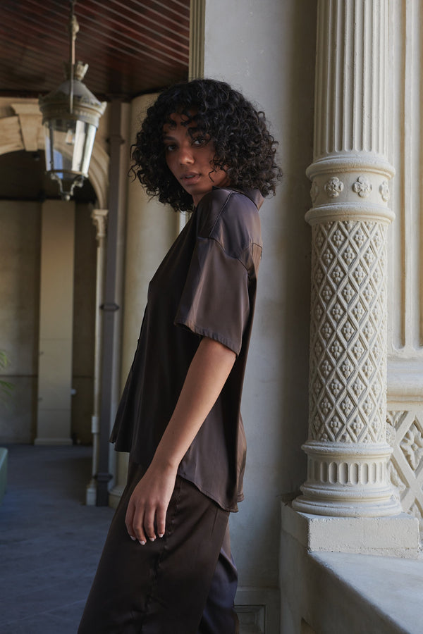 Celine Short Sleeve Shirt Espresso Sleep - Kat the Label Lingerie Australia