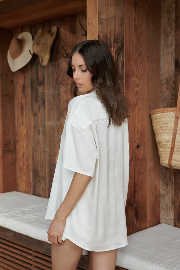 Celine Short Sleeve Shirt Ivory Sleep - Kat the Label Lingerie Australia