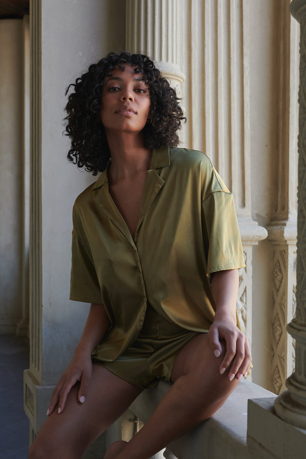 Celine Short Sleeve Shirt Olive Sleep - Kat the Label Lingerie Australia