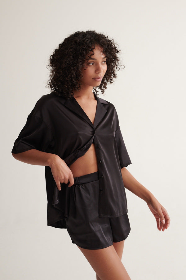 Celine Short Sleeve Short Set Black Sleep - Kat the Label Lingerie Australia