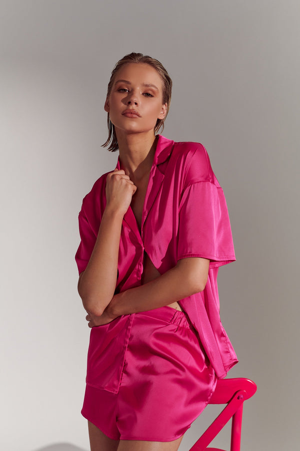 Celine Short Sleeve Short Set Hot Pink Sleep - Kat the Label Lingerie Australia