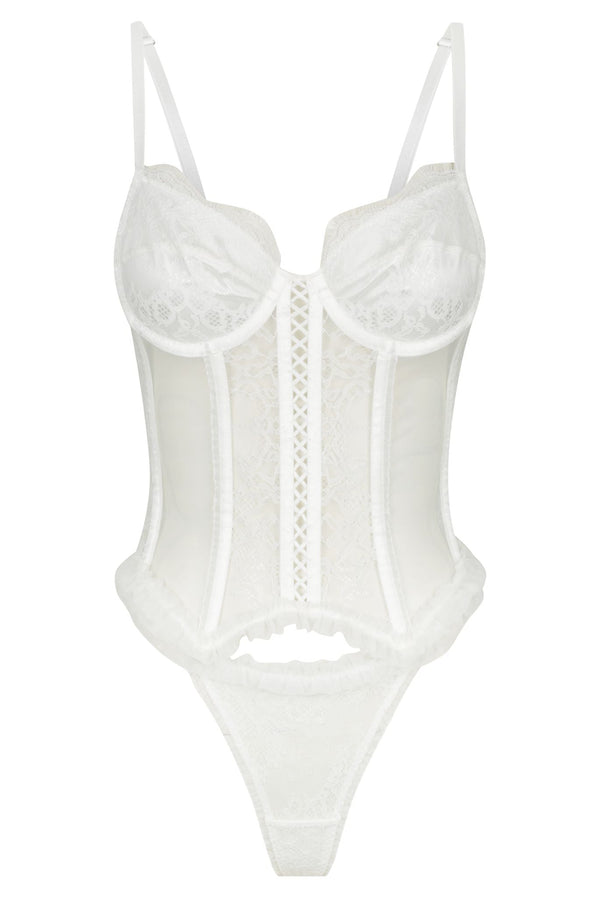 Willow Corset Thong Set White Underwire - Kat the Label Lingerie Australia